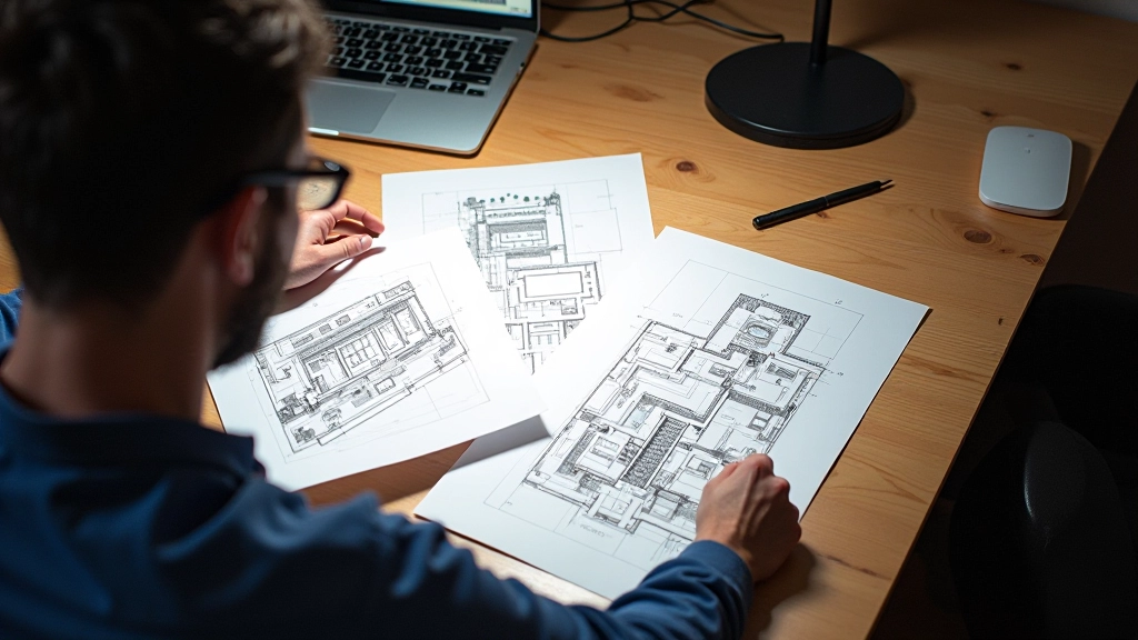 Level designer analyzing sight lines and player sightlines with annotated diagram showing visibility zones and focal points