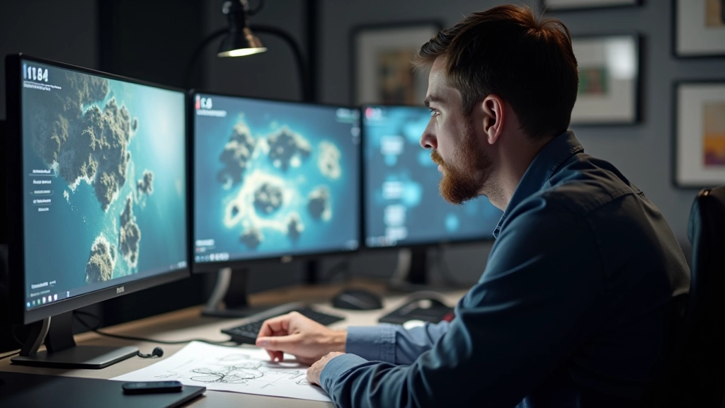 Game level designer working on environmental storytelling layout in modern workspace