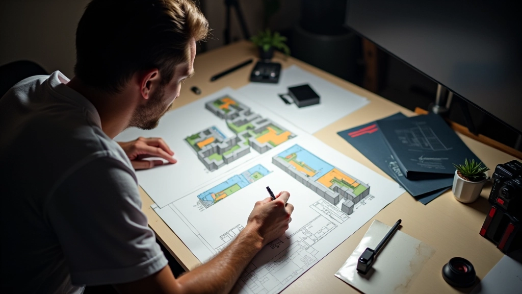 Designer working on level layout with color-coded markers and architectural blueprints spread across workspace
