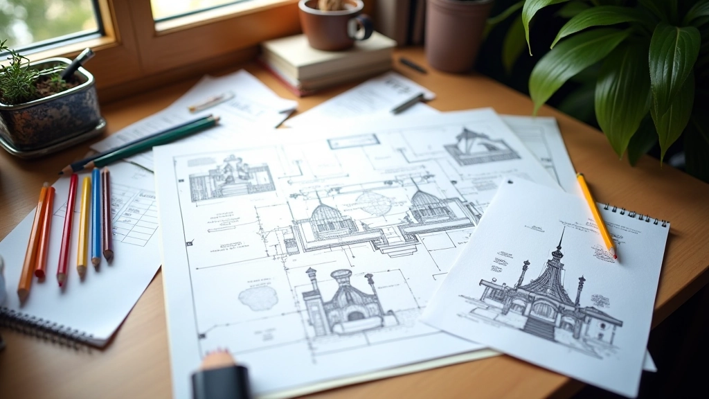 Game level design sketch with architectural layout and spatial annotations