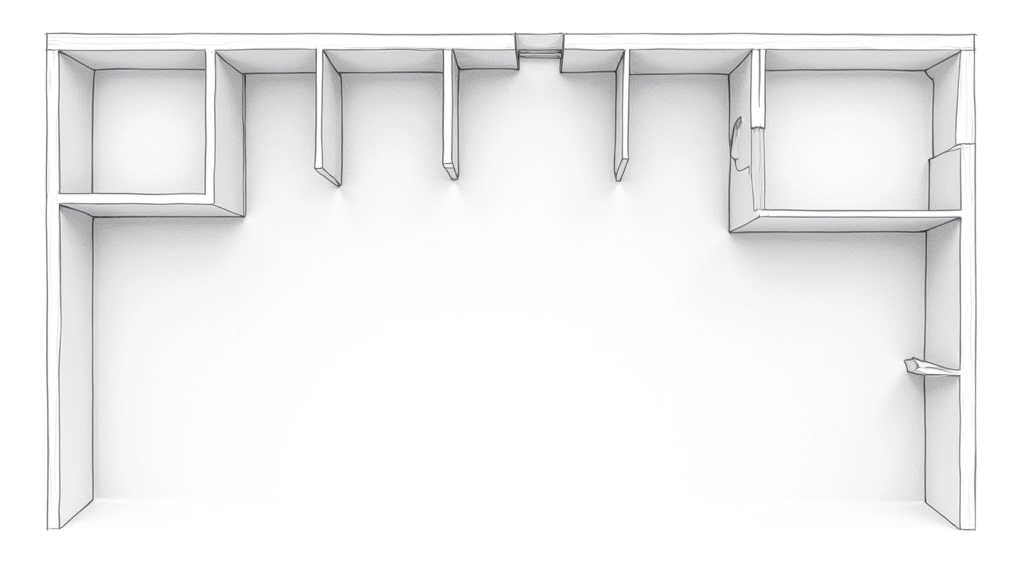Overhead view of level layout showing varied corridor widths and open spaces arranged in pacing sequence